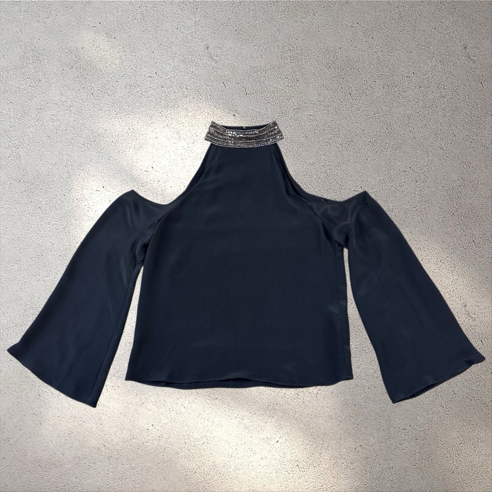 Ramy Brook Serena Silk Cold Shoulder Bell Sleeve Embellished Blouse Sz M